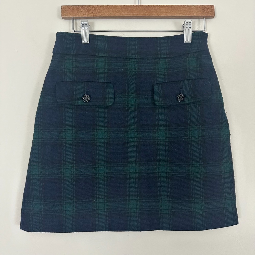 Loft A-Line Mini Skirt Green Blue Plaid Wool Academia Casual Womens 2 Petite